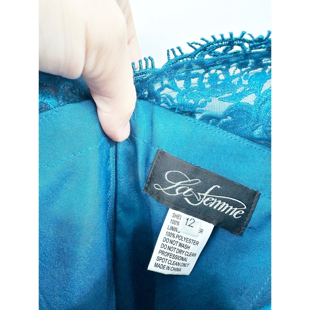 La Femme Teal Blue 26942 Embellished Tulle & Lace A-Line Gown Size 12 NWT - Picture 5 of 7